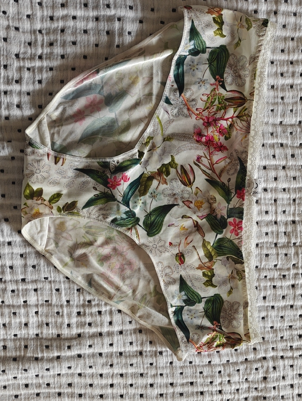 Floral Lace-Trim Bikini Panty - Cream with Pink & Green Floral Print